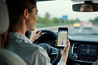 Conductrice consultant un itinéraire GPS sur smartphone en voiture pour éviter les bouchons et péages