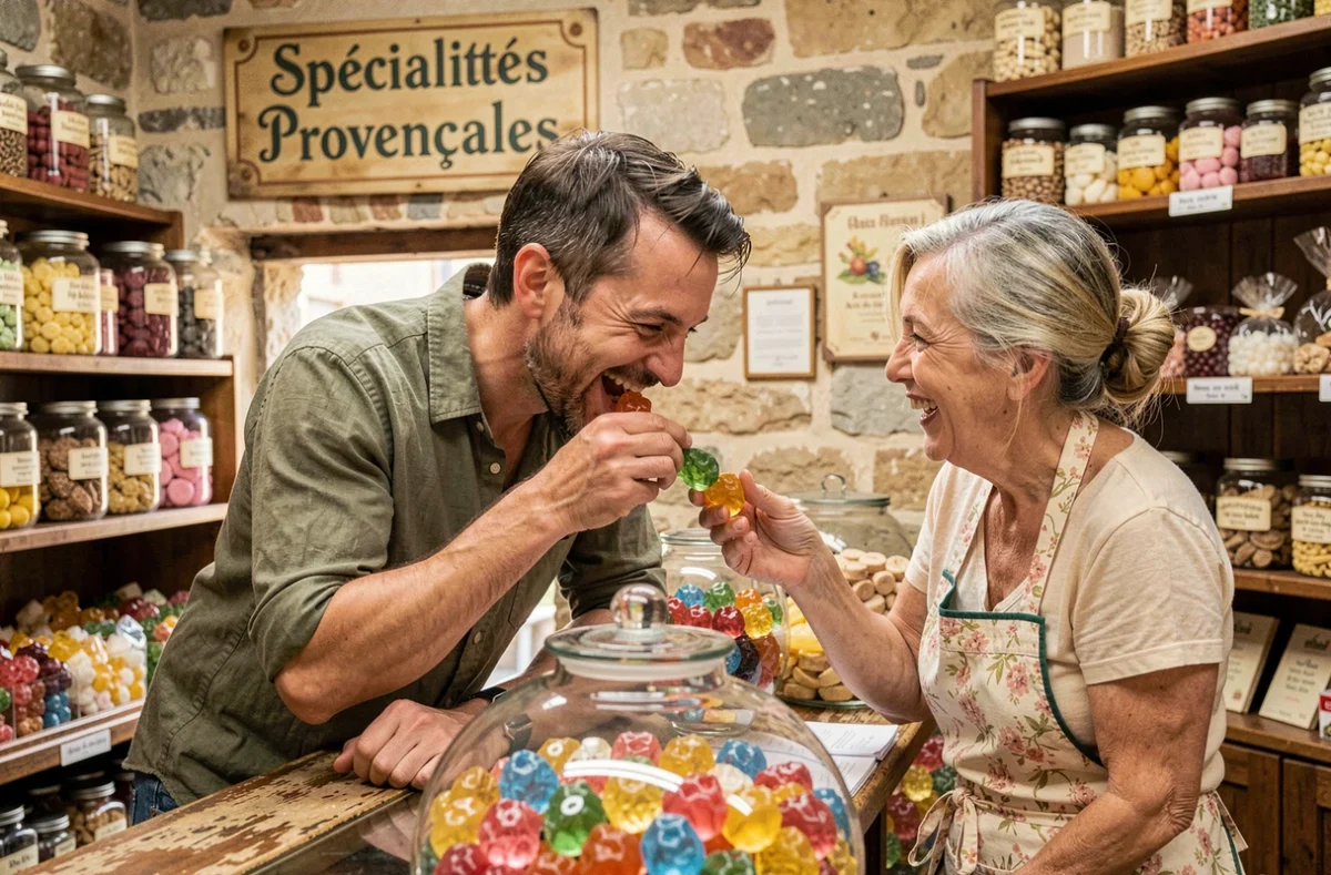Touriste dégustant des berlingots provençaux dans une confiserie artisanale du Vaucluse lors d'un road trip gourmand