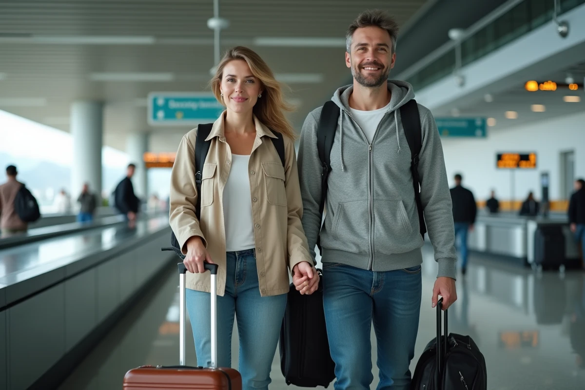 Couple récupérant leurs bagages sur le tapis de livraison après un vol Delta Air Lines