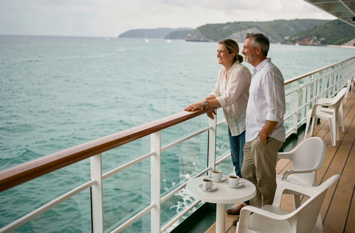 Couple sur le balcon d'une cabine de croisière avec vue panoramique sur la mer