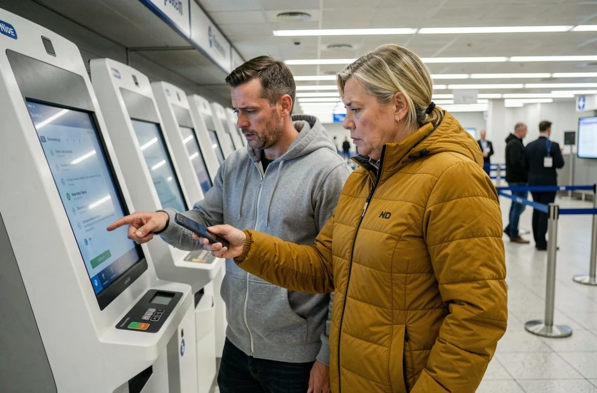 Couple de voyageurs en difficulté devant une borne d'enregistrement automatique dans un terminal d'aéroport d'Orly