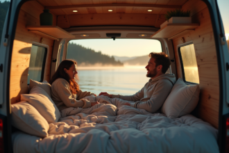 Jeune couple dans un van au bord du lac au matin