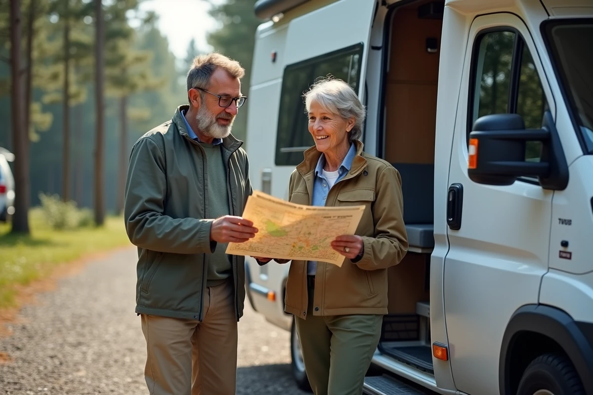 Couple en camping devant leur van en forêt