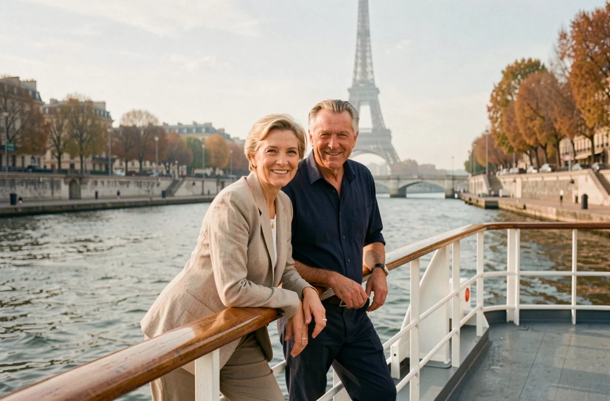 Couple de voyageurs souriants à la proue d'un bateau de croisière fluviale devant la Tour Eiffel sur la Seine à Paris