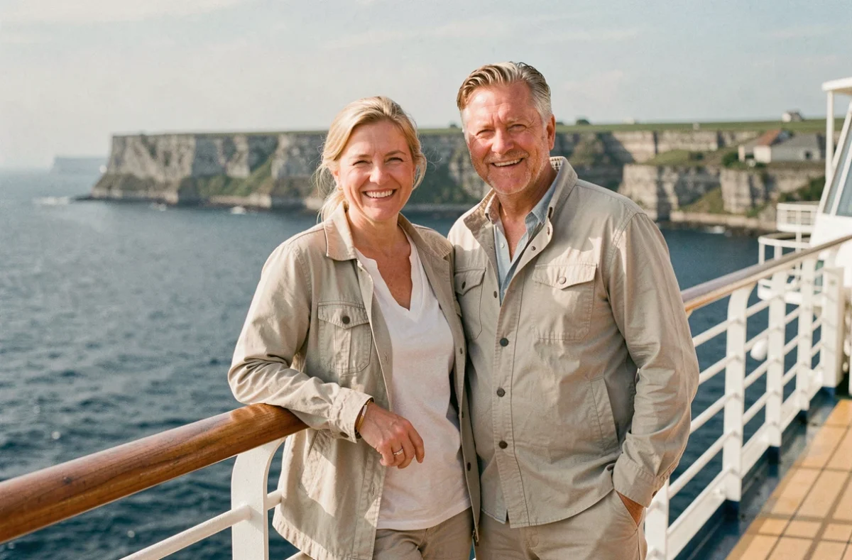 Couple de voyageurs profitant du pont d'un bateau de croisière MSC au départ du Havre