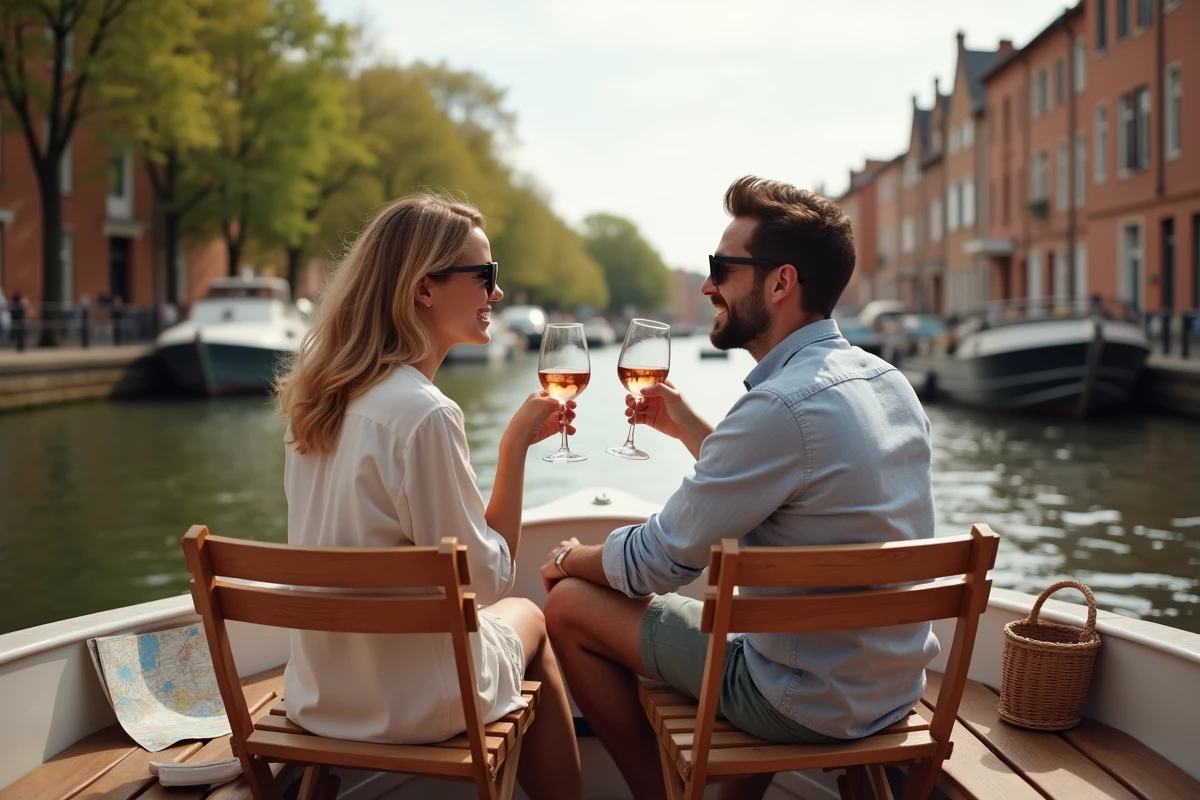 Couple profitant d'une croisière en péniche sur les canaux de Toulouse en savourant un verre de rosé sur le pont