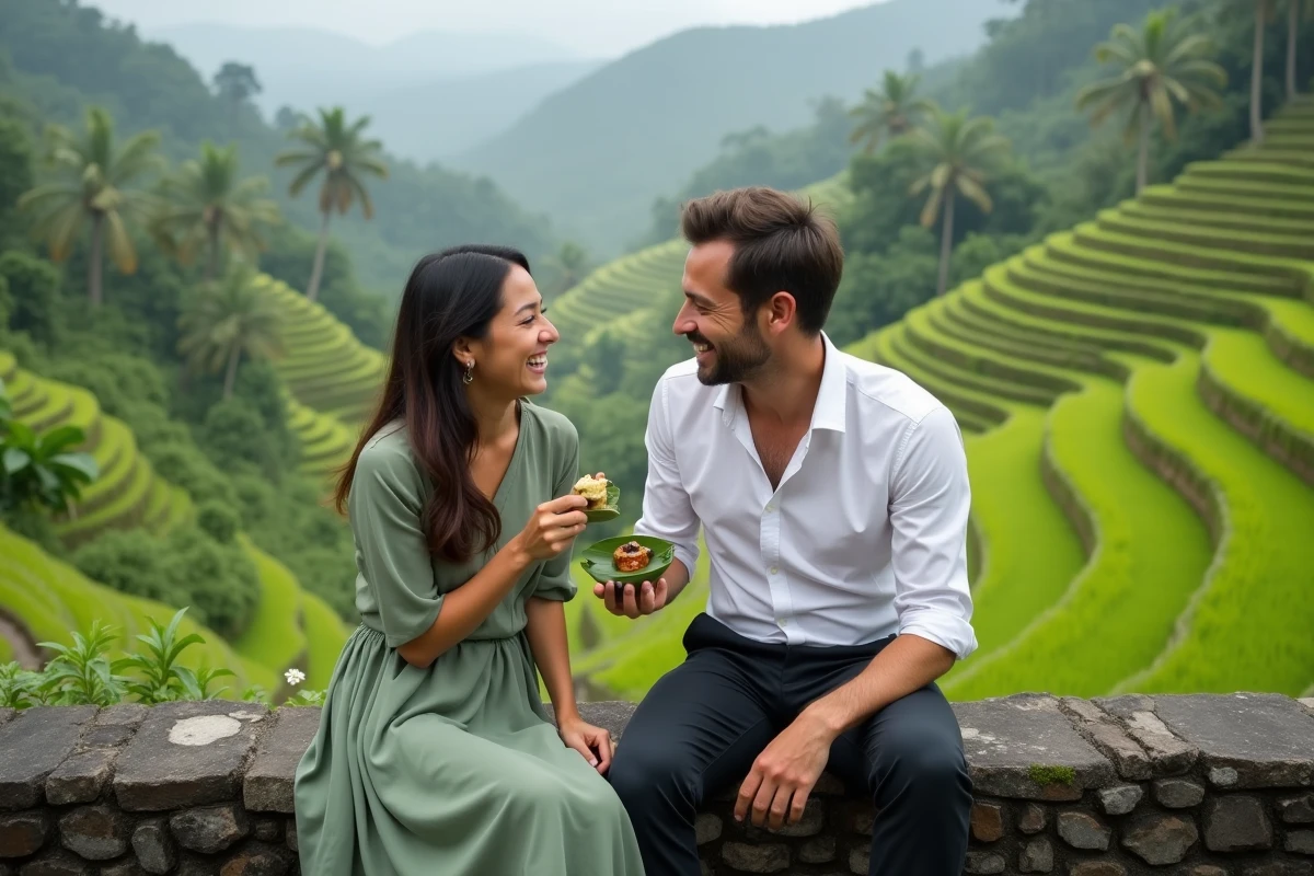 Couple complice partageant un dessert balinais assis sur une terrasse en pierre face aux rizières de Tegallalang