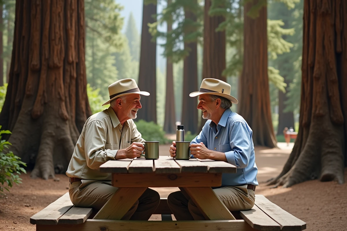 Vieux couple partageant un café dans une forêt de séquoias