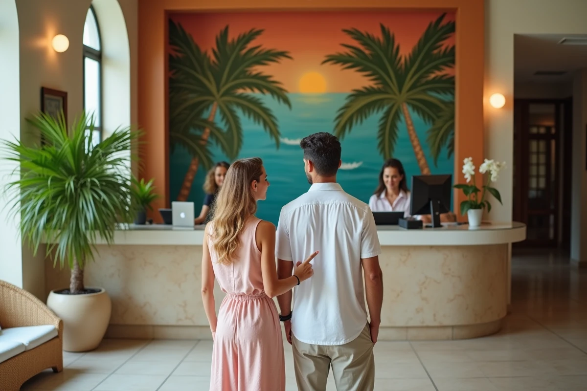 Couple français perdu face au décalage horaire à la réception d'un hôtel de Miami Beach
