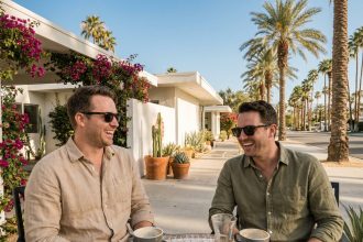 Deux hommes gays profitant d'un café en terrasse à Palm Springs, entourés d'architecture mid-century et de palmiers