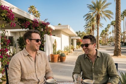 Deux hommes gays profitant d'un café en terrasse à Palm Springs, entourés d'architecture mid-century et de palmiers