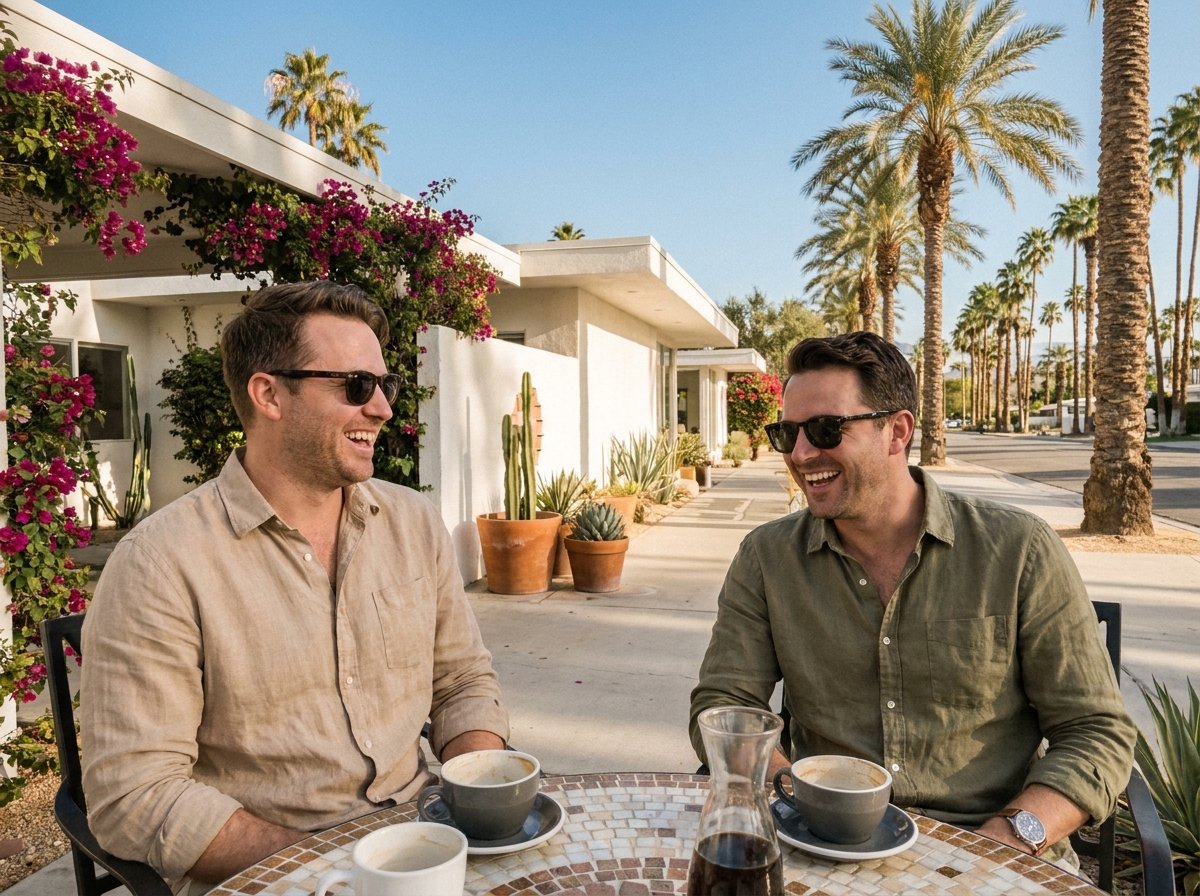 Deux hommes gays profitant d'un café en terrasse à Palm Springs, entourés d'architecture mid-century et de palmiers