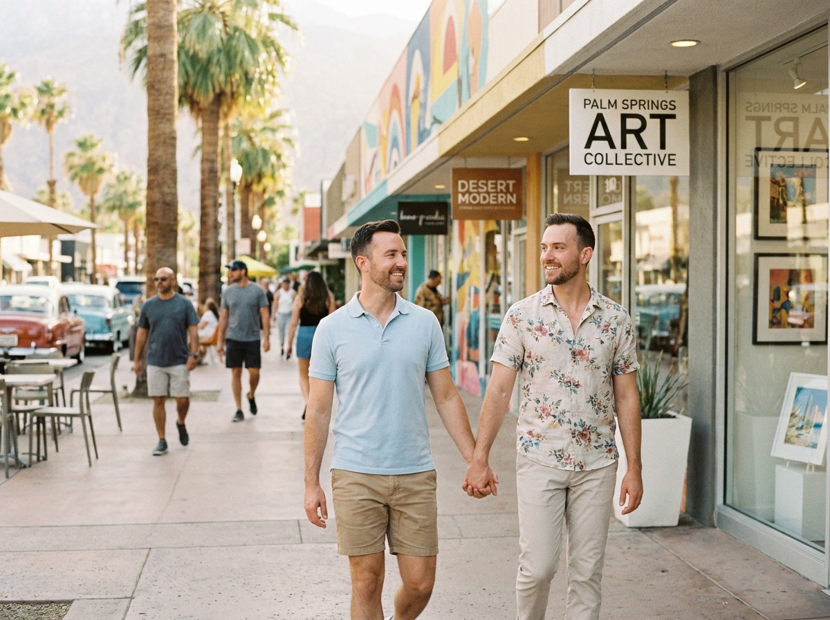 Couple gay se promenant main dans la main dans le centre-ville animé de Palm Springs entre boutiques et fresques murales
