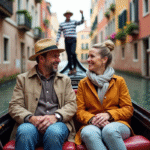 Couple souriant en gondola à Venise lors du printemps