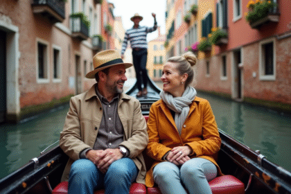 Couple souriant en gondola à Venise lors du printemps