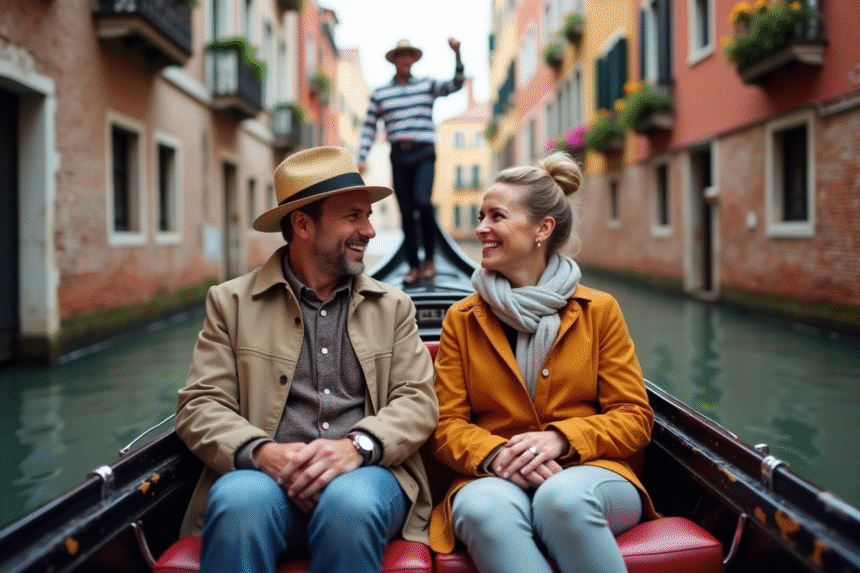 Couple souriant en gondola à Venise lors du printemps