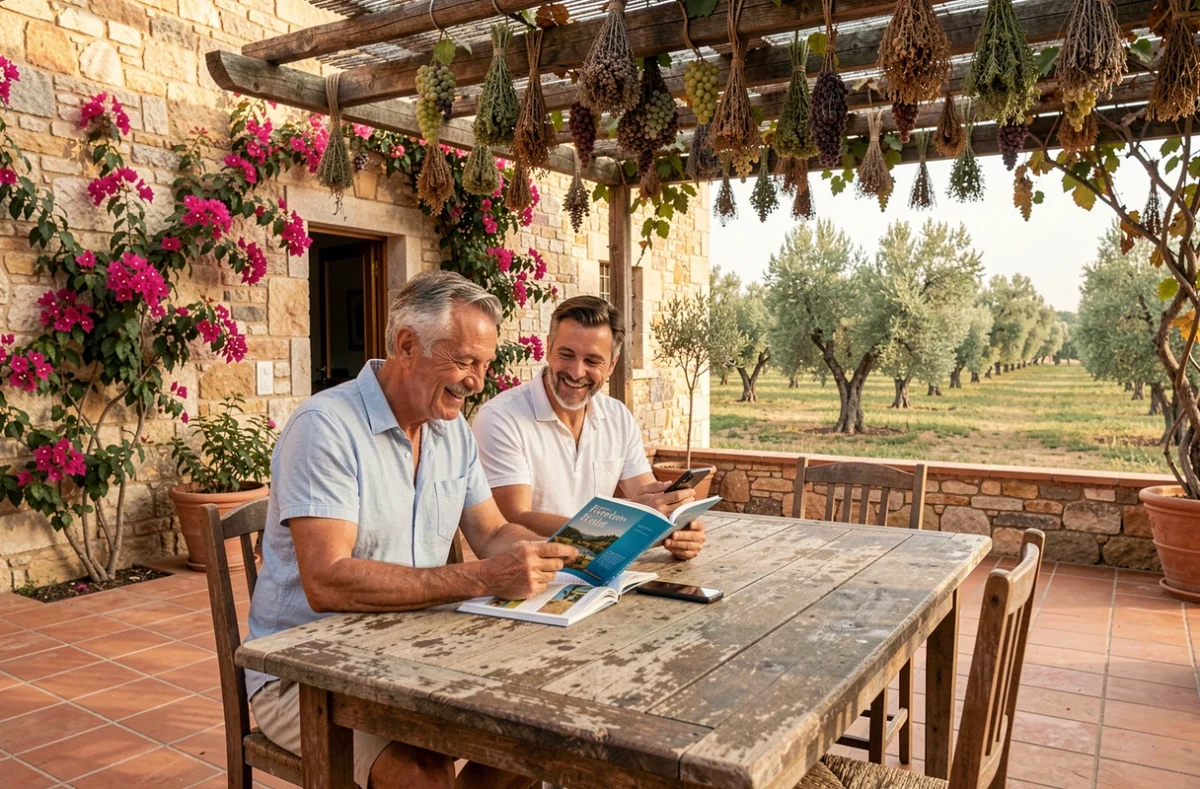 Couple planifiant leur voyage dans les Pouilles attablé dans une masseria traditionnelle avec oliveraie