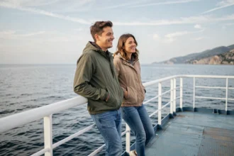 Couple souriant à la proue d'un ferry de mini-croisière abordable avec vue sur la côte méditerranéenne
