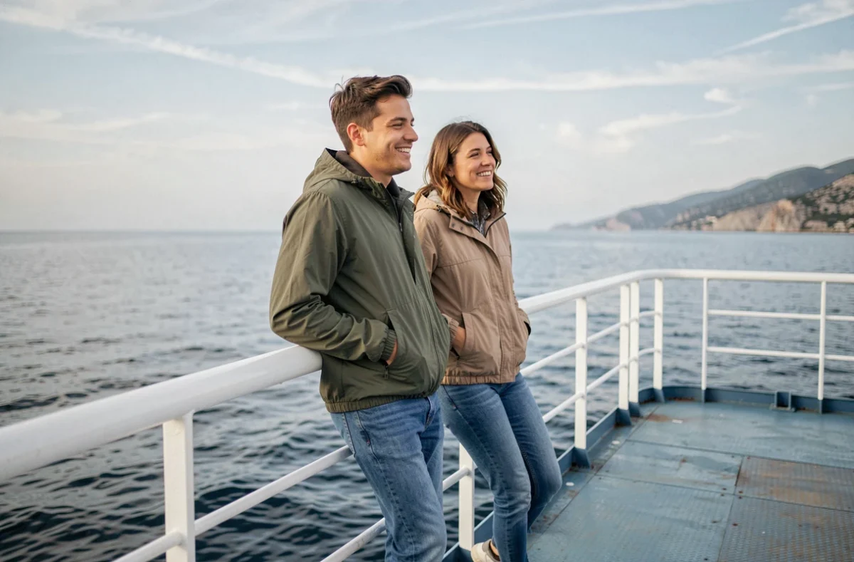 Couple souriant à la proue d'un ferry de mini-croisière abordable avec vue sur la côte méditerranéenne