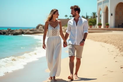 Jeune couple souriant sur la plage de Djerba en été