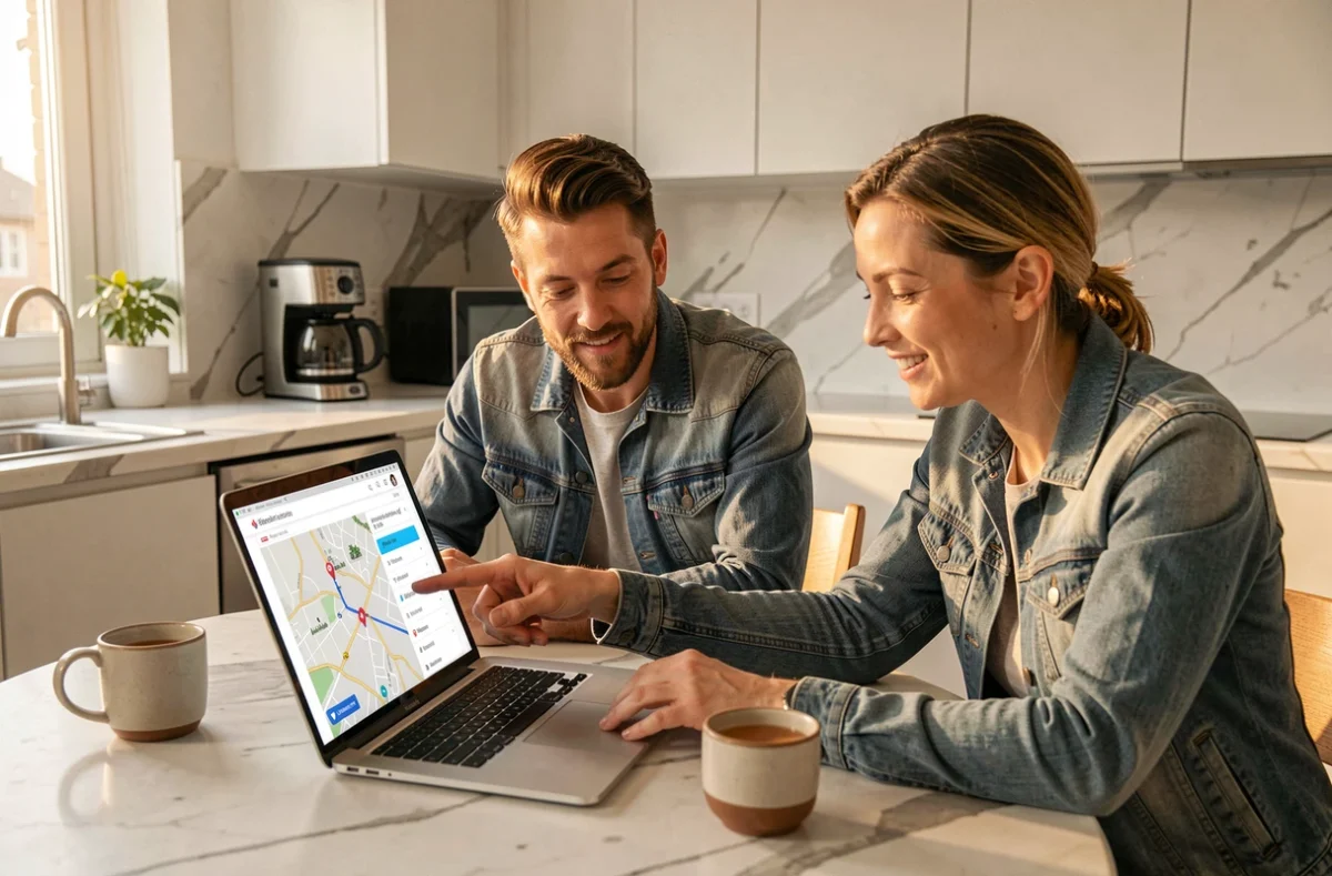 Couple planifiant leur trajet domicile-travail sur ordinateur portable avec un site de navigation routière le matin