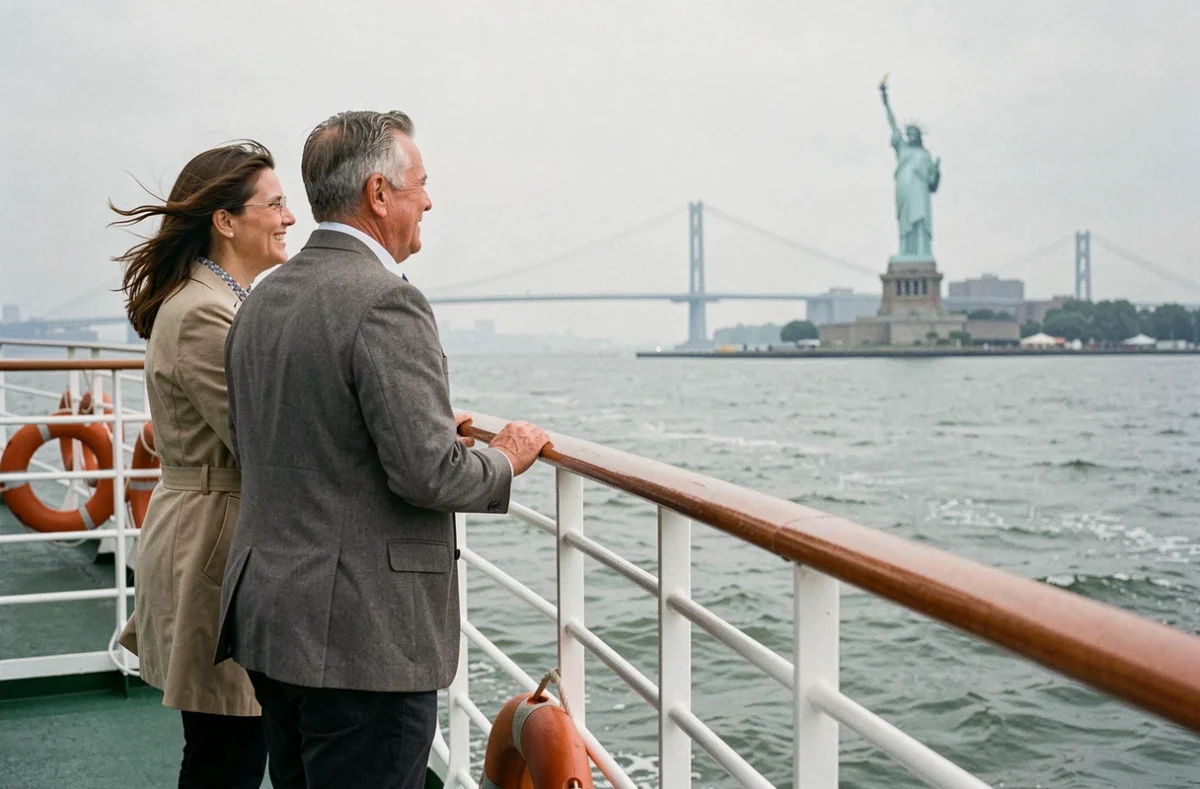 Couple sur le pont d'un bateau de croisière admirant la Statue de la Liberté depuis le port de New York