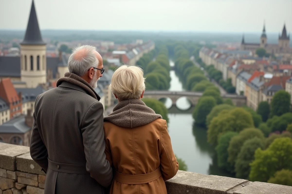 Couple âgé admirant la vue depuis les remparts d