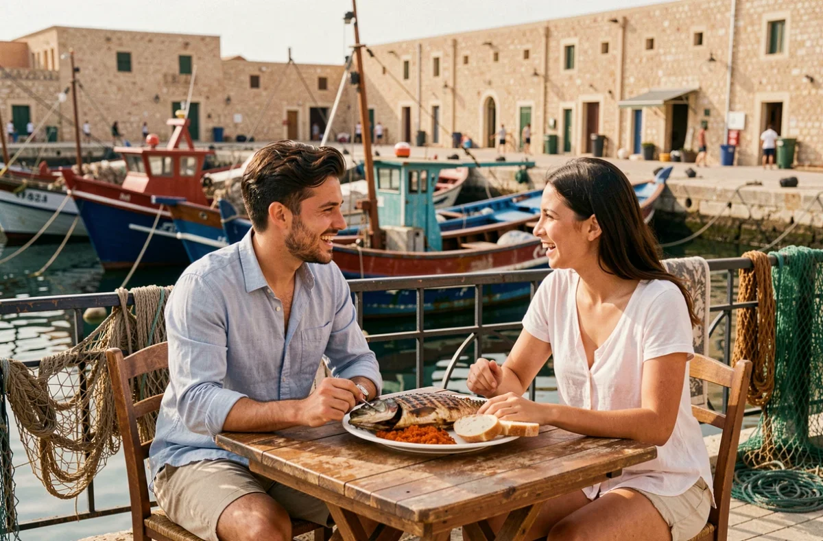 Couple de voyageurs partageant un repas de fruits de mer dans un restaurant de port authentique à Sfax en Tunisie
