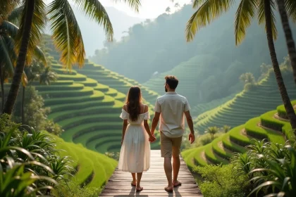 Couple romantique main dans la main sur un pont en bois surplombant les rizières en terrasses de Tegallalang à Bali