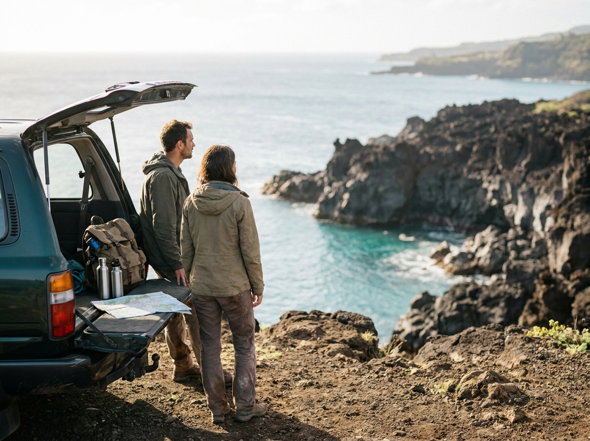 Couple en road trip à La Réunion appuyé contre le hayon ouvert d'un SUV avec vue sur le lagon turquoise et les falaises de lave noire