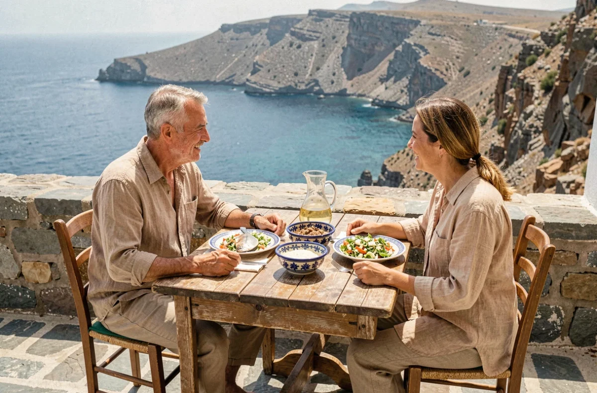 Couple savourant un repas traditionnel grec dans une taverne en plein air avec vue sur la mer à Folégandros