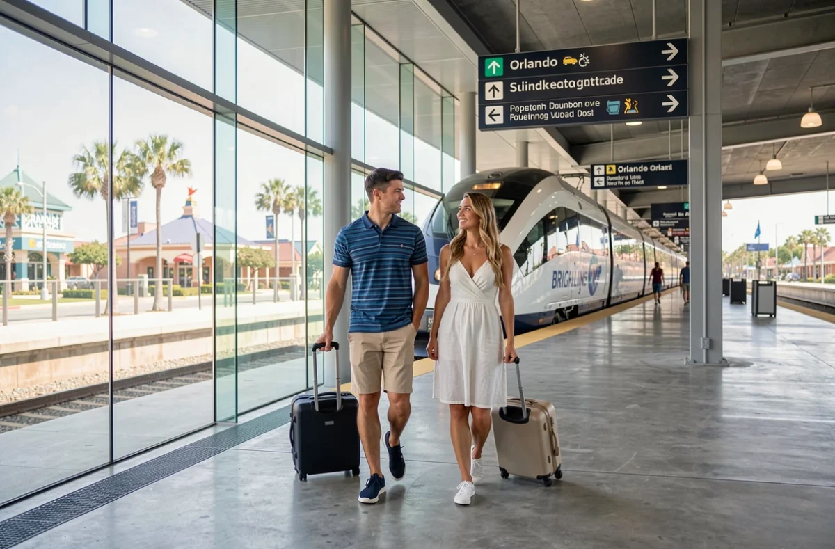 Couple descendant d'un train Brightline en gare avec valises pour rejoindre les parcs d'Orlando depuis Miami
