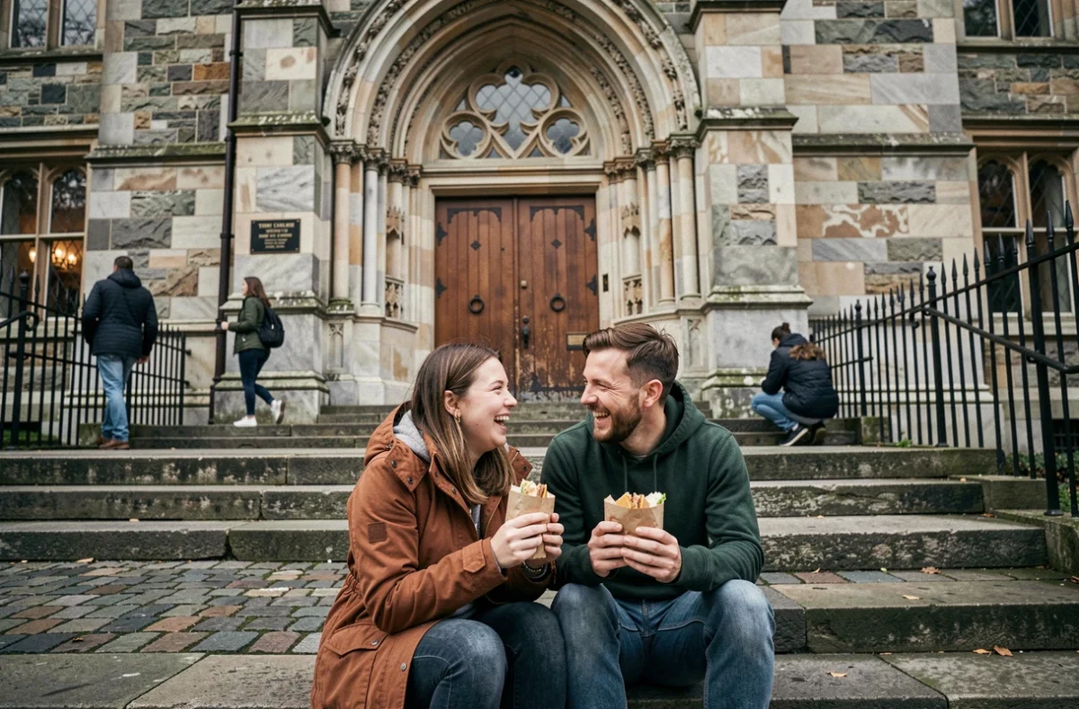 Couple déjeunant sur les marches de Trinity College Dublin pendant une journée de tourisme à pied
