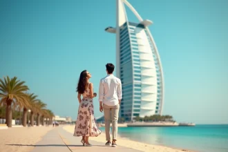 Couple admirant la façade emblématique de l'hôtel Burj Al Arab à Dubaï lors de leur première visite