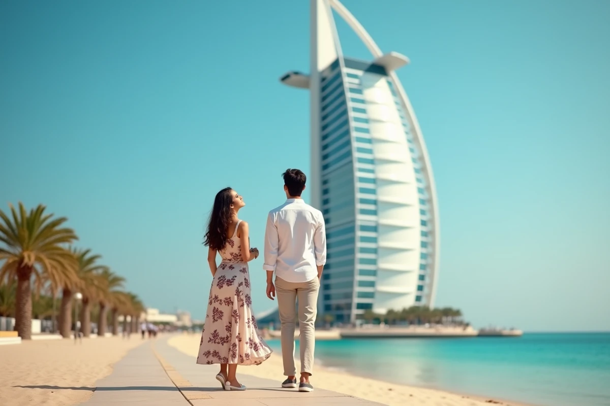 Couple admirant la façade emblématique de l'hôtel Burj Al Arab à Dubaï lors de leur première visite