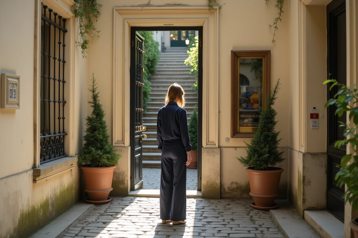 Cour intérieure cachée derrière une porte cochère de la rue Saint-Honoré à Paris, avec fenêtres à l'ancienne et patine des murs