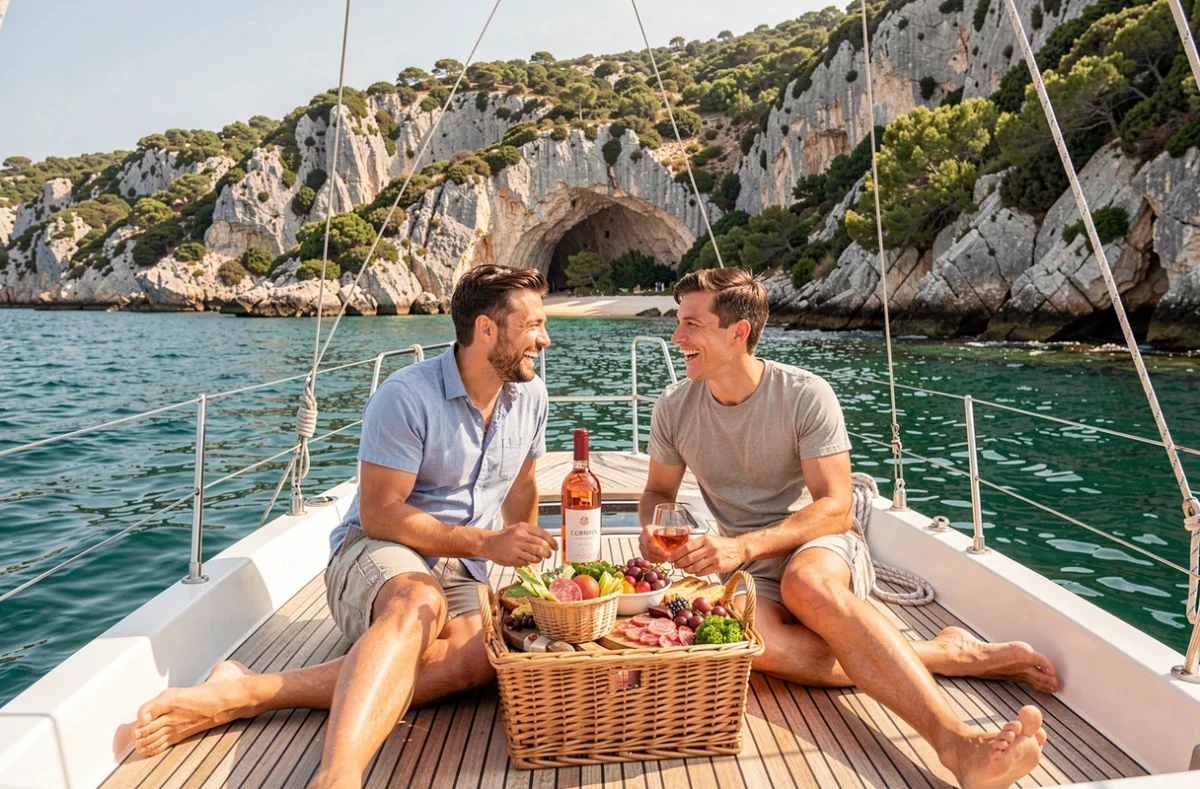 Couple profitant d'un apéritif corse sur un voilier dans une crique de Porto-Vecchio
