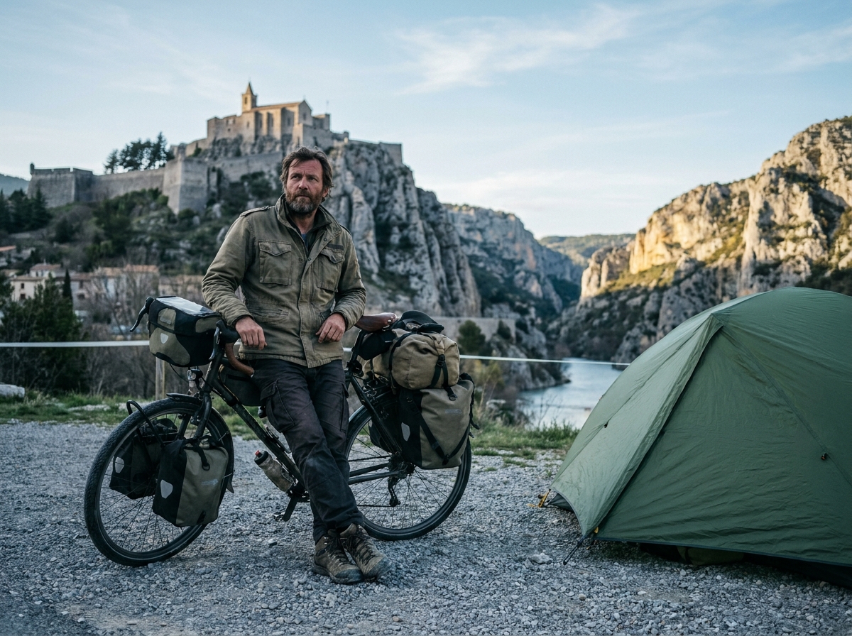 Cycliste en road trip posant devant un camping avec vue sur la citadelle de Sisteron et les gorges de la Durance