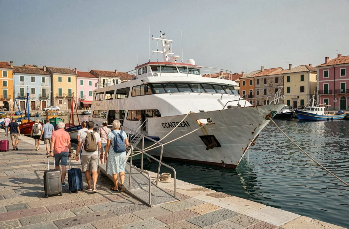 Passagers débarquant d'un ferry de mini-croisière dans un port méditerranéen pittoresque et accessible