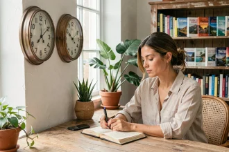 Femme consultant deux horloges murales indiquant l'heure de Paris et de Bali pour préparer son voyage en Indonésie