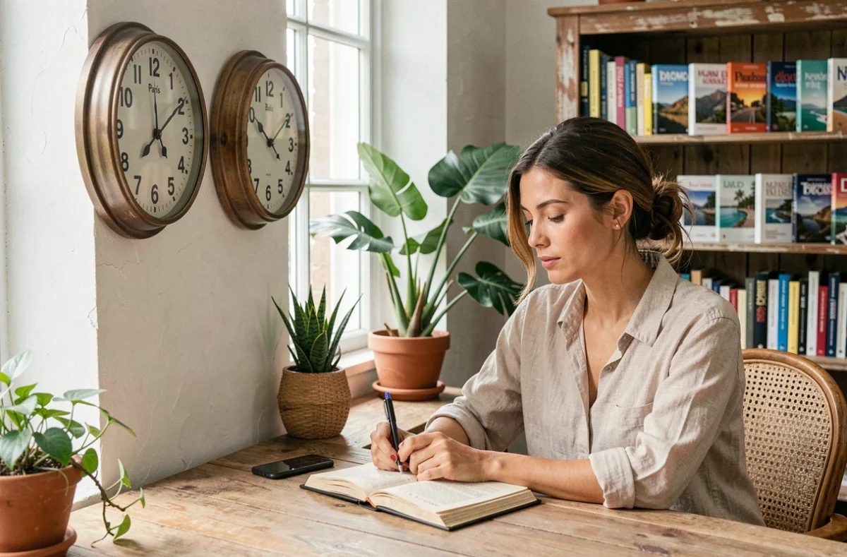 Femme consultant deux horloges murales indiquant l'heure de Paris et de Bali pour préparer son voyage en Indonésie