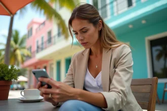 Femme française confuse face au décalage horaire à Miami, regardant son téléphone avec deux fuseaux horaires affichés