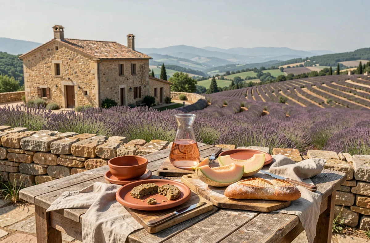 Table gourmande provençale en plein air avec tapenade, rosé et melon face aux paysages du Luberon dans le Vaucluse