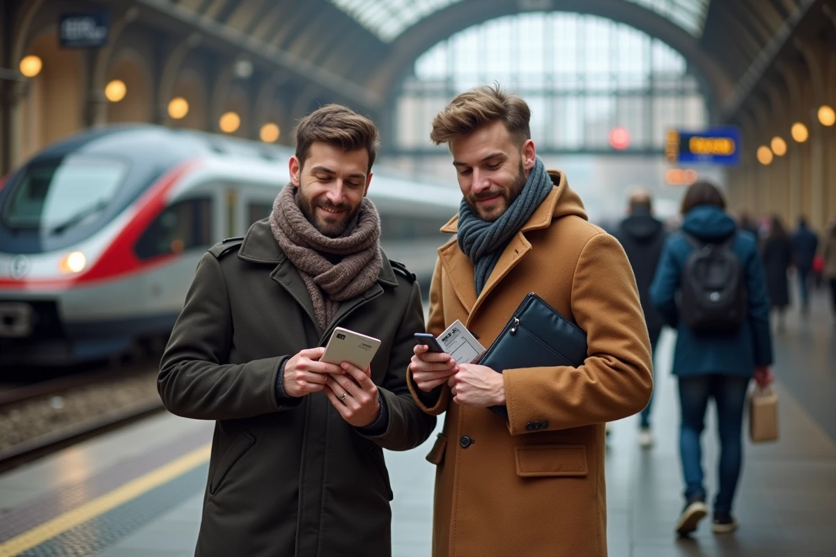 Deux jeunes hommes examinant leurs passes de train sur la plateforme