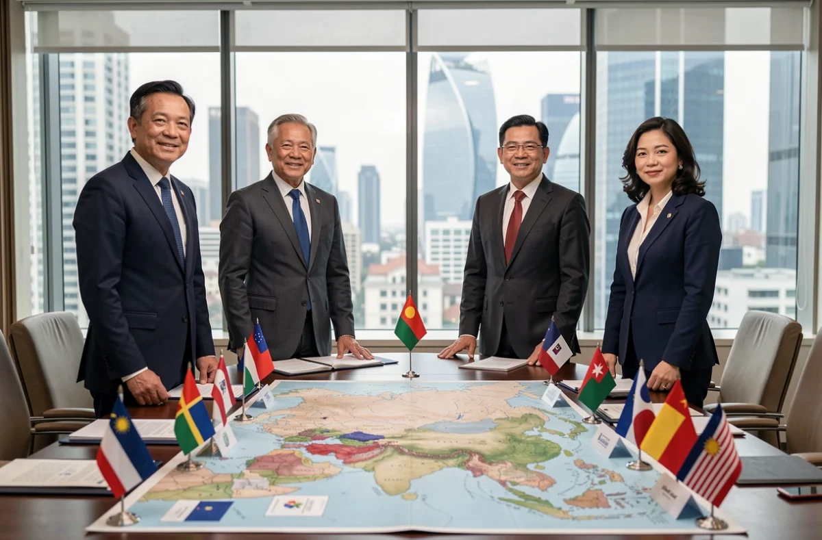 Diplomates en réunion autour d'une table de conférence avec cartes et drapeaux de pays asiatiques