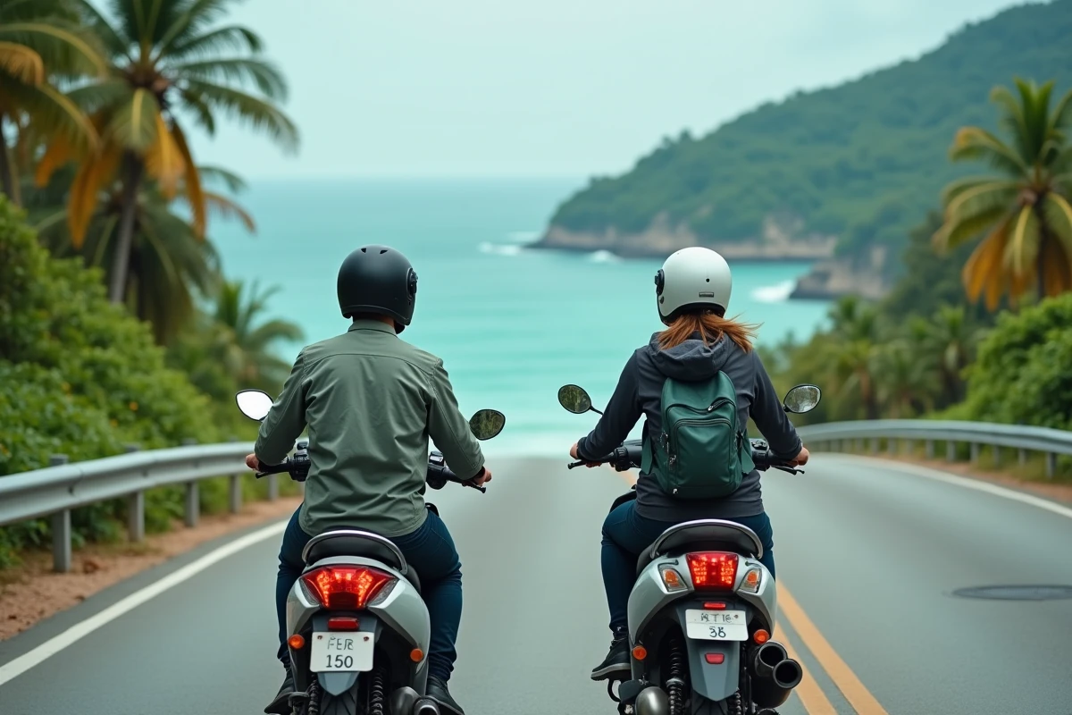 Deux voyageurs en scooter équipés de casques et de vestes de pluie sur une route côtière au Vietnam entre mer turquoise et collines verdoyantes