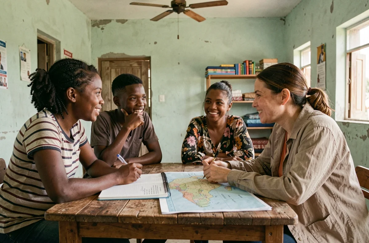 Échange culturel entre jeunes haïtiens et une voyageuse bénévole dans un centre communautaire de Cap-Haïtien