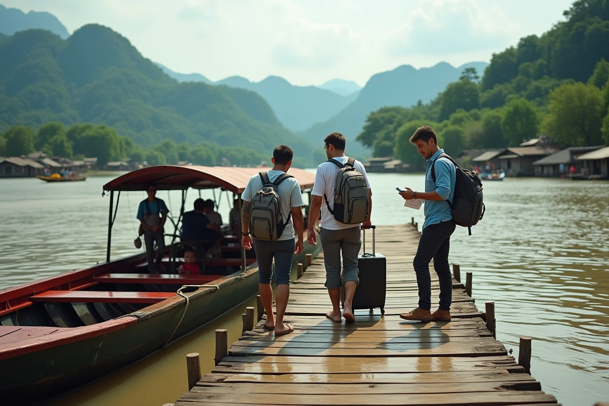 Groupe de voyageurs embarquant sur un bateau lent sur le Mékong entre le Laos et le Cambodge