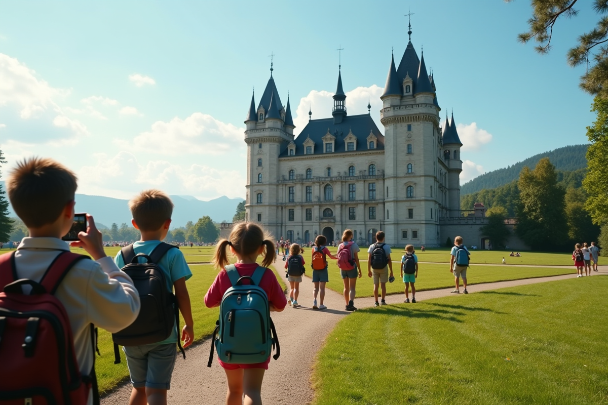 Enfants avec sacs à dos admirant un château européen