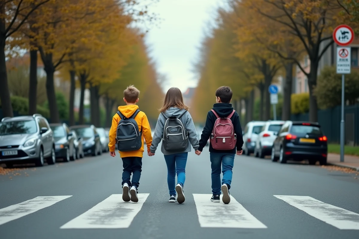 Groupe d'enfants traversant un passage piéton en ville sur le chemin de l'école, sécurité routière trajet scolaire